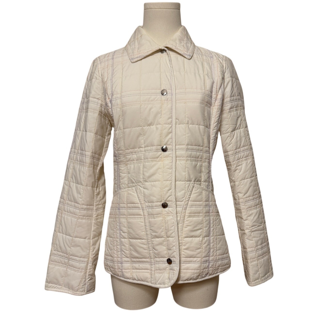 Postcard Quilted Jacket Cream Snap Button Pockets Color Threads Made In Italy- 2